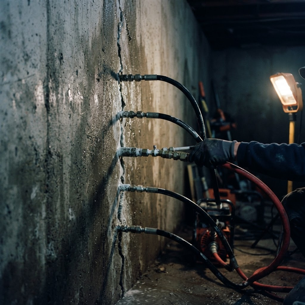 Injection packers drilled into a concrete basement wall with NPR gel being pumped through