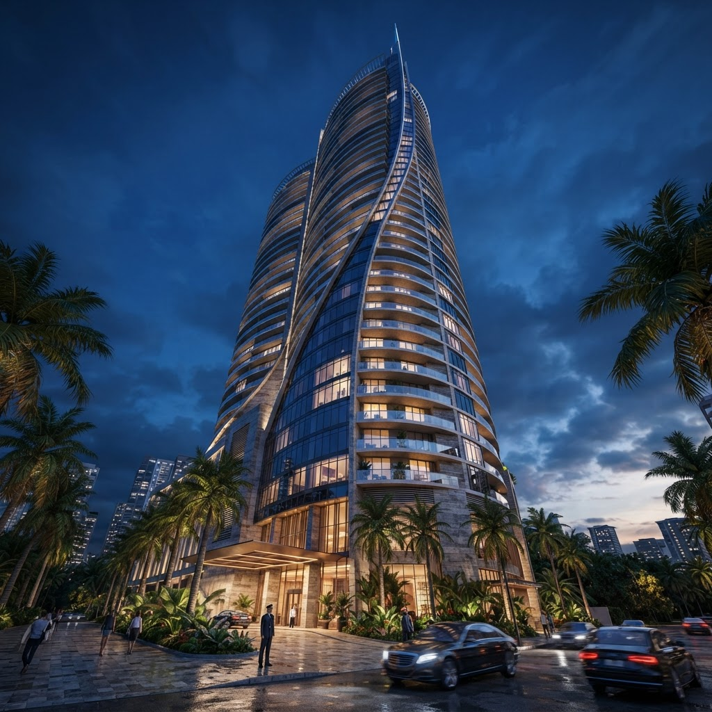 Five-star hotel tower with a curved glass and stone facade at dusk